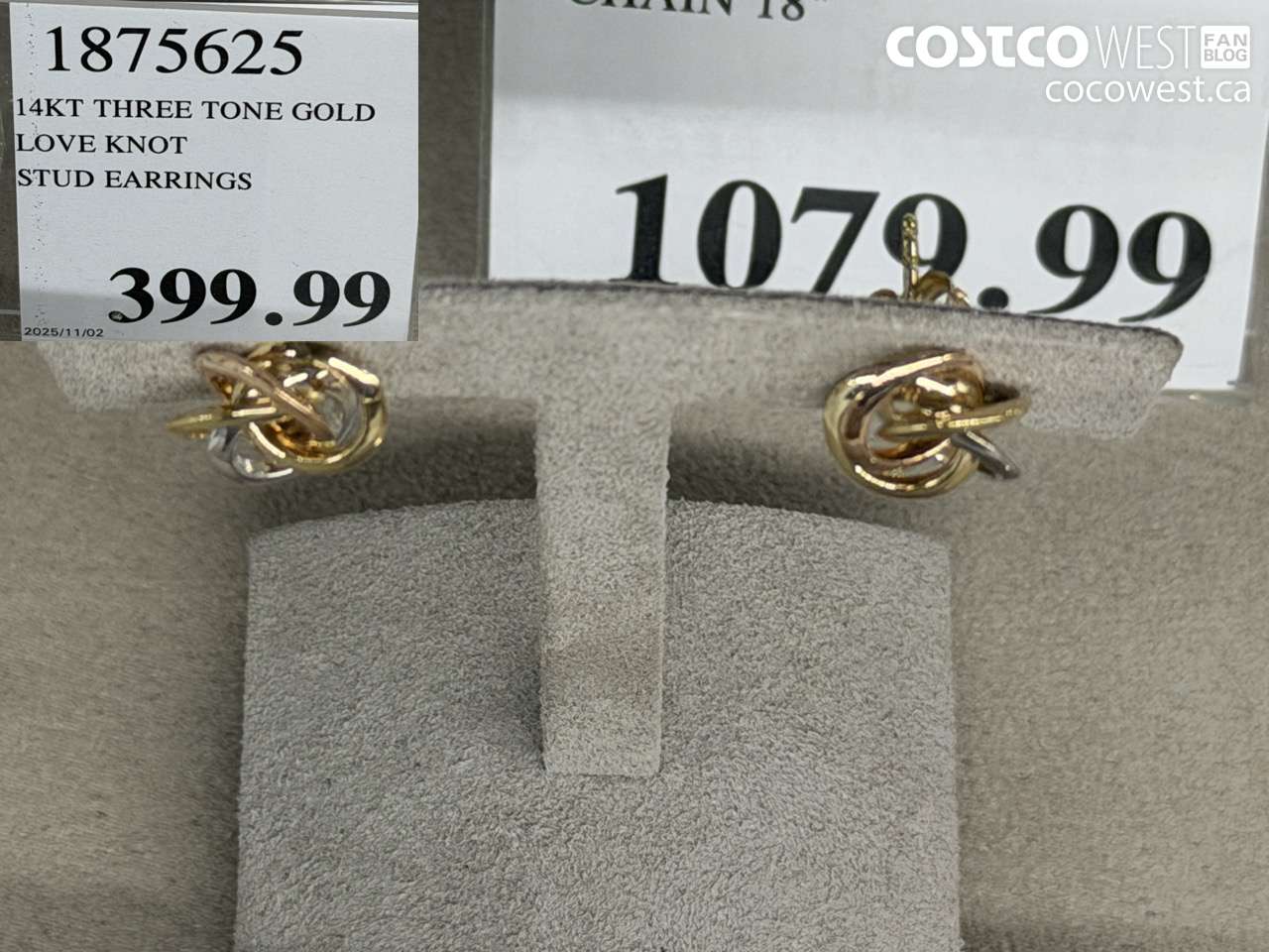 1875625 14KT THREE TONE GOLD LOVE KNOT STUD EARRINGS $399.99