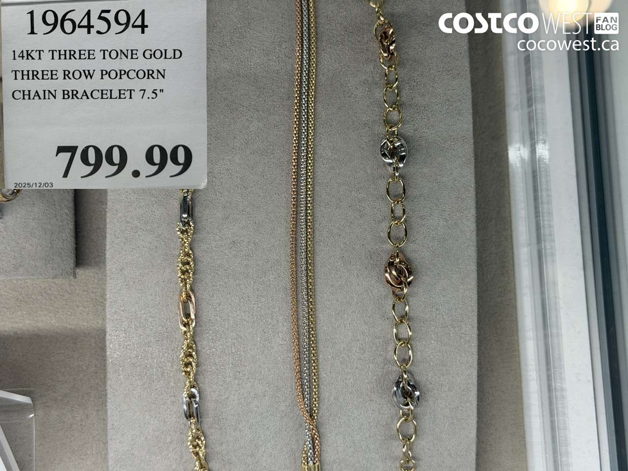 1964594 14KT THREE TONE GOLD THREE ROW POPCORN CHAIN BRACELET 7.5