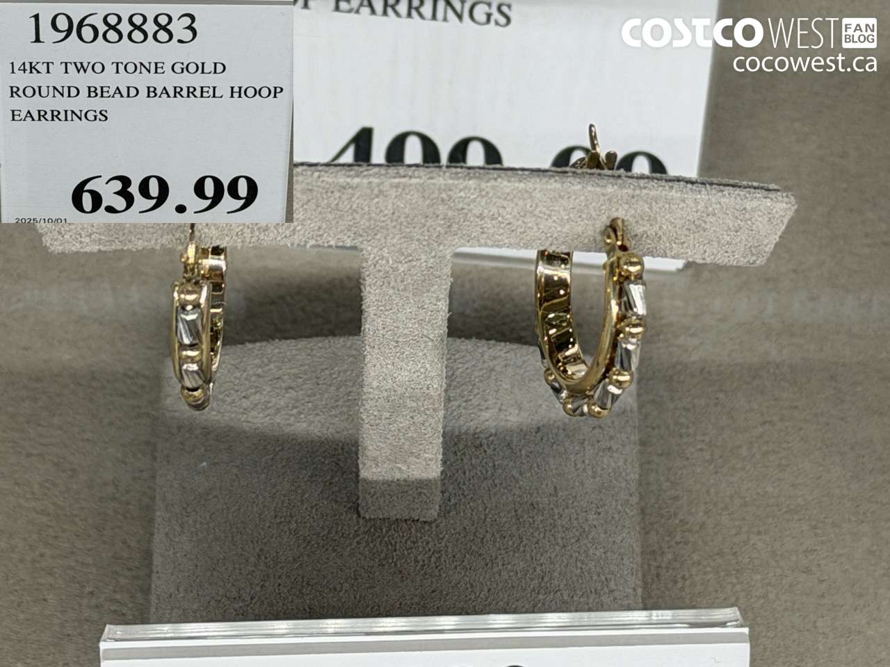 1968883 14KT TWO TONE GOLD ROUND BEAD BARREL HOOP EARRINGS $639.99