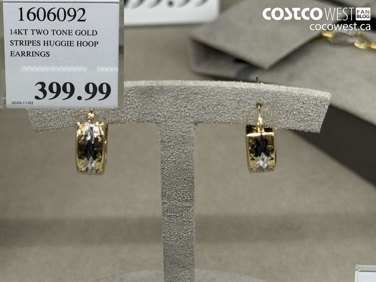 1606092 14KT TWO TONE GOLD STRIPES HUGGIE HOOP EARRINGS $399.99