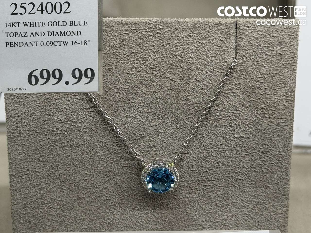 2524002 14KT WHITE GOLD BLUE TOPAZ AND DIAMOND PENDANT 0.09CTW 16-18