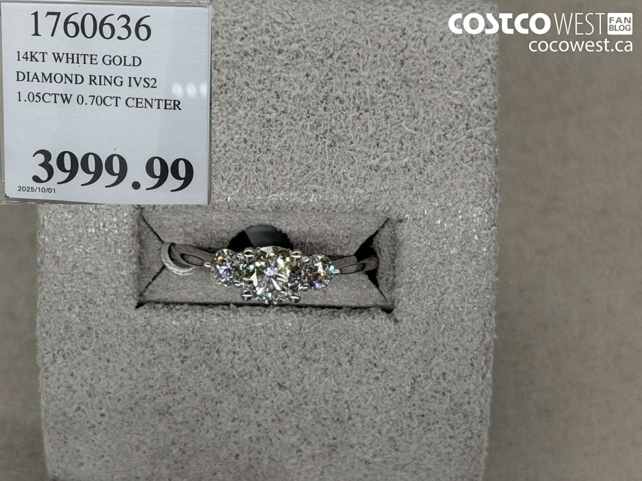 1760636 14KT WHITE GOLD DIAMOND RING IVS2 1.05CTW 0.70CT CENTER $3999.99