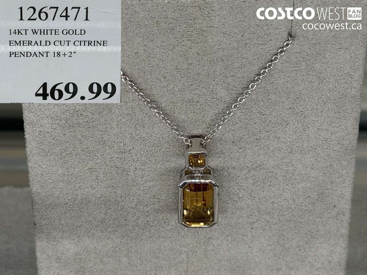 1267471 14KT WHITE GOLD EMERALD CUT CITRINE PENDANT 18+2