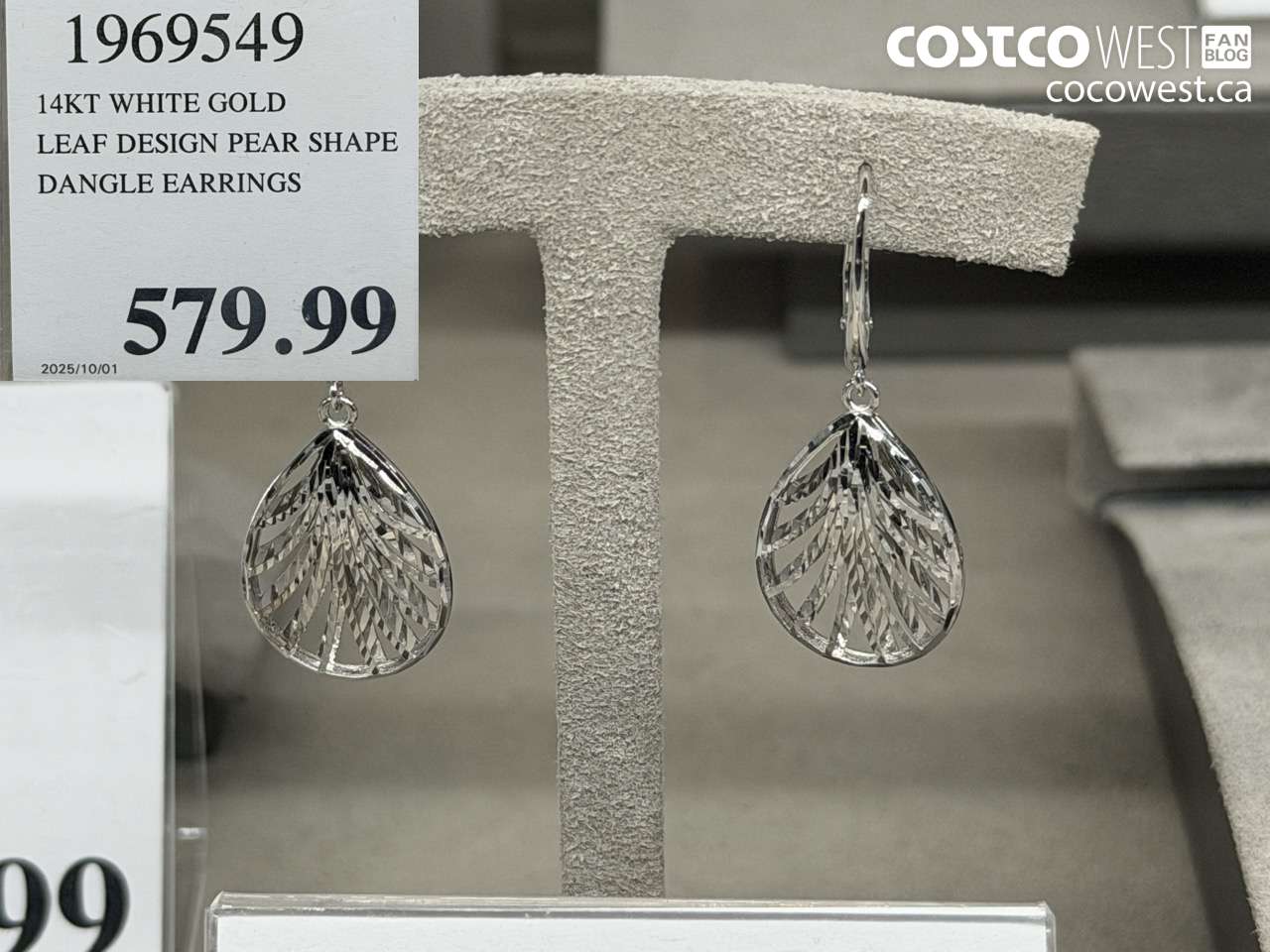 1969549 14KT WHITE GOLD LEAF DESIGN PEAR SHAPE DANGLE EARRINGS $579.99