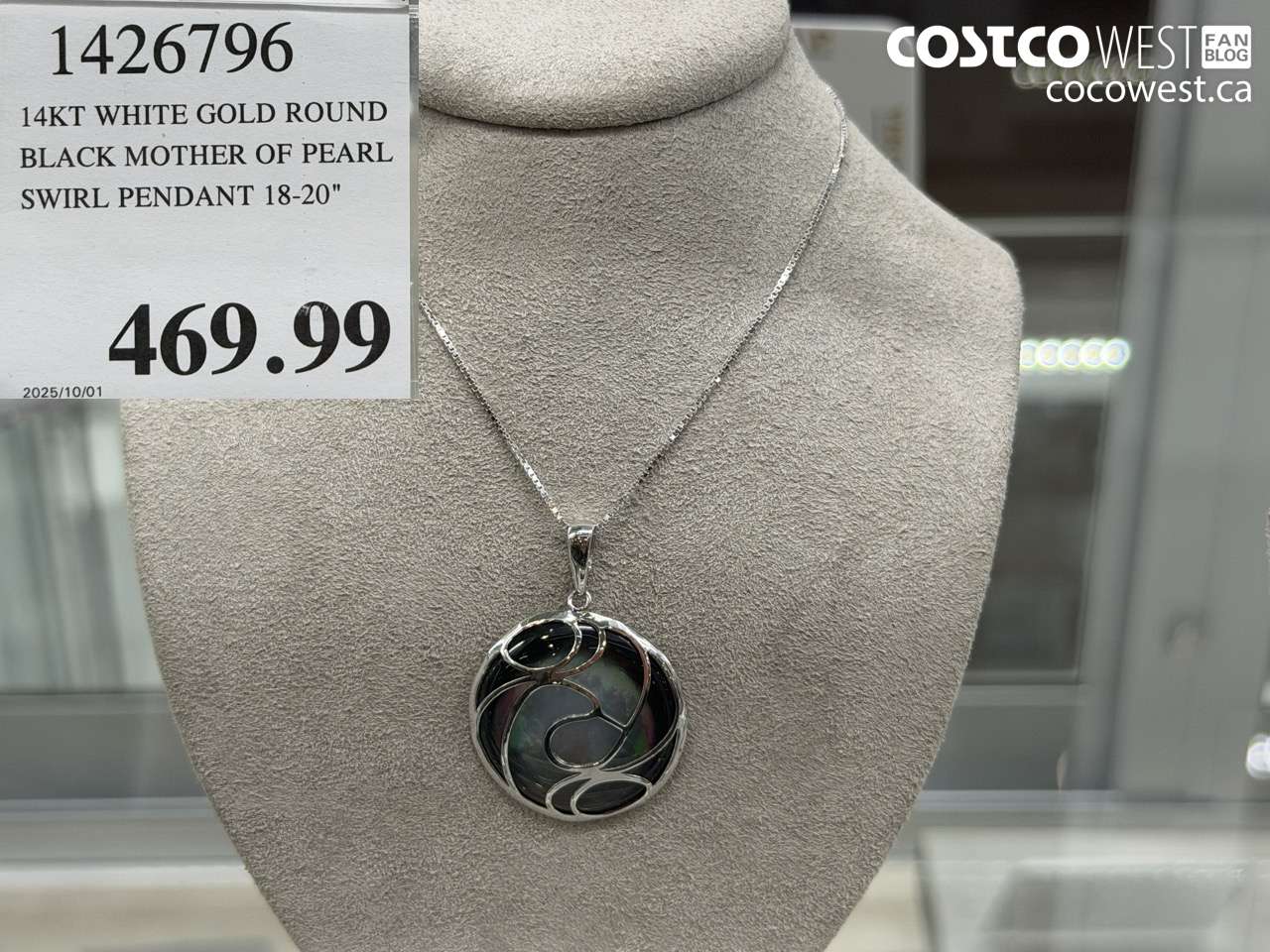 1426796 14KT WHITE GOLD ROUND BLACK MOTHER OF PEARL SWIRL PENDANT 18-20