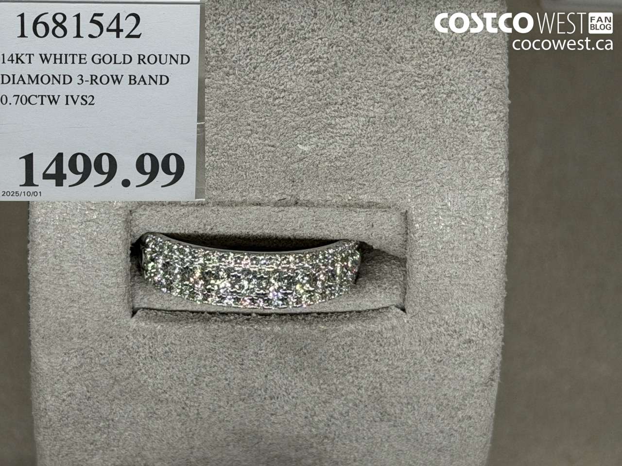 1681542 14KT WHITE GOLD ROUND DIAMOND 3-ROW BAND 0.70CTW IVS2 $1499.99