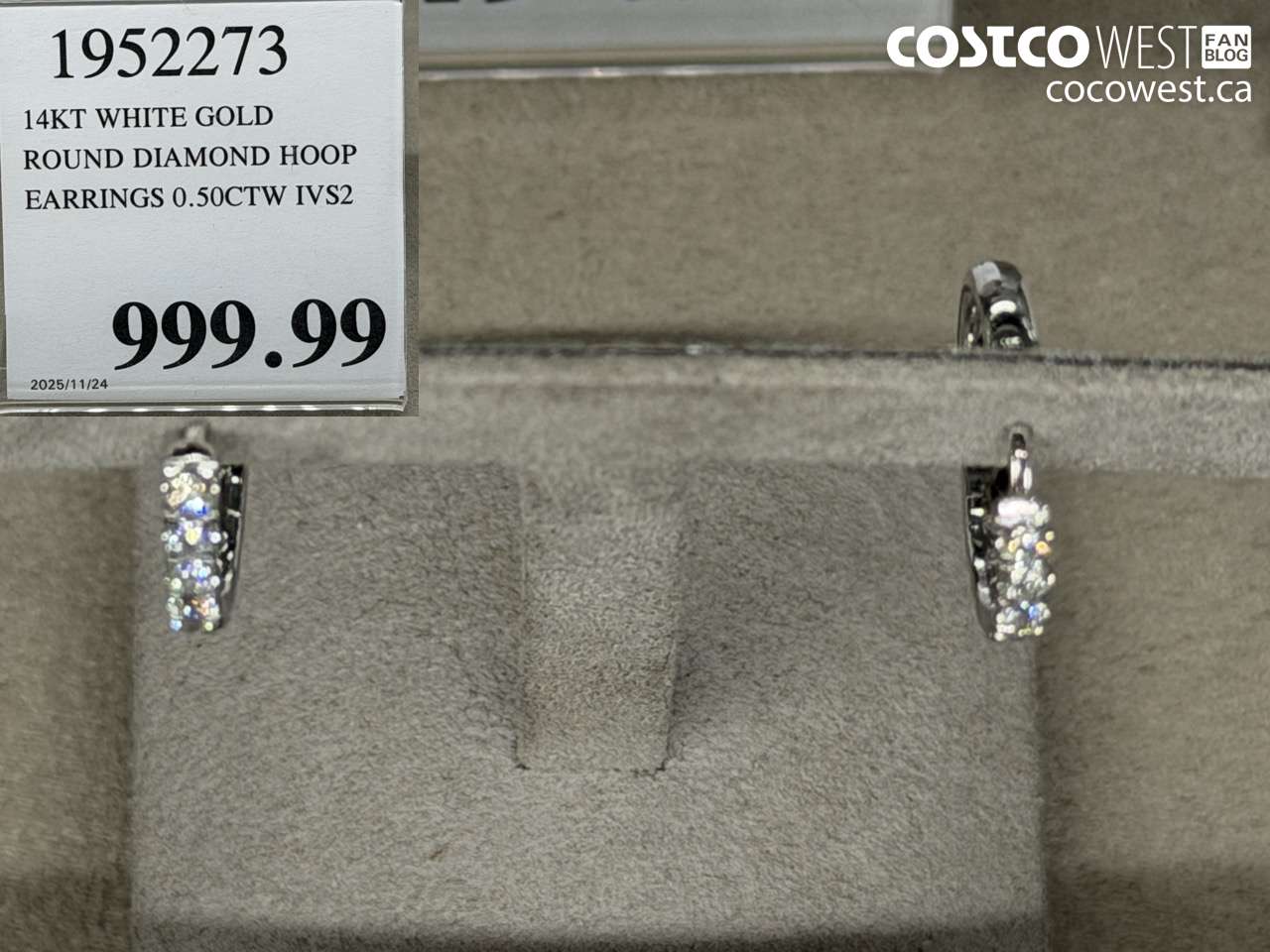 1952273 14KT WHITE GOLD ROUND DIAMOND HOOP EARRINGS 0.50CTW IVS2 $999.99