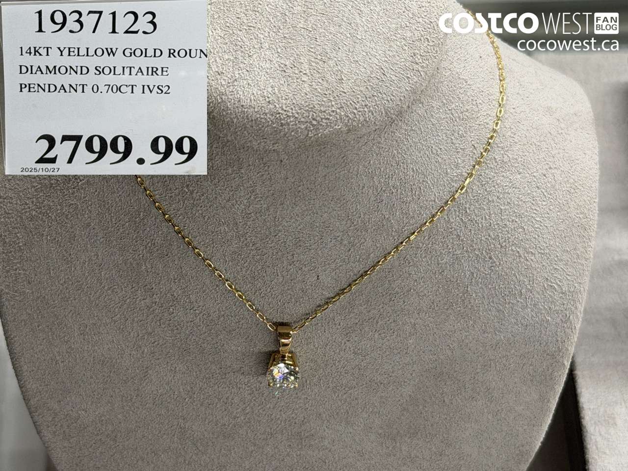1937123 14KT YELLOW GOLD ROUND DIAMOND SOLITAIRE PENDANT 0.70CT IVS2 $2799.99