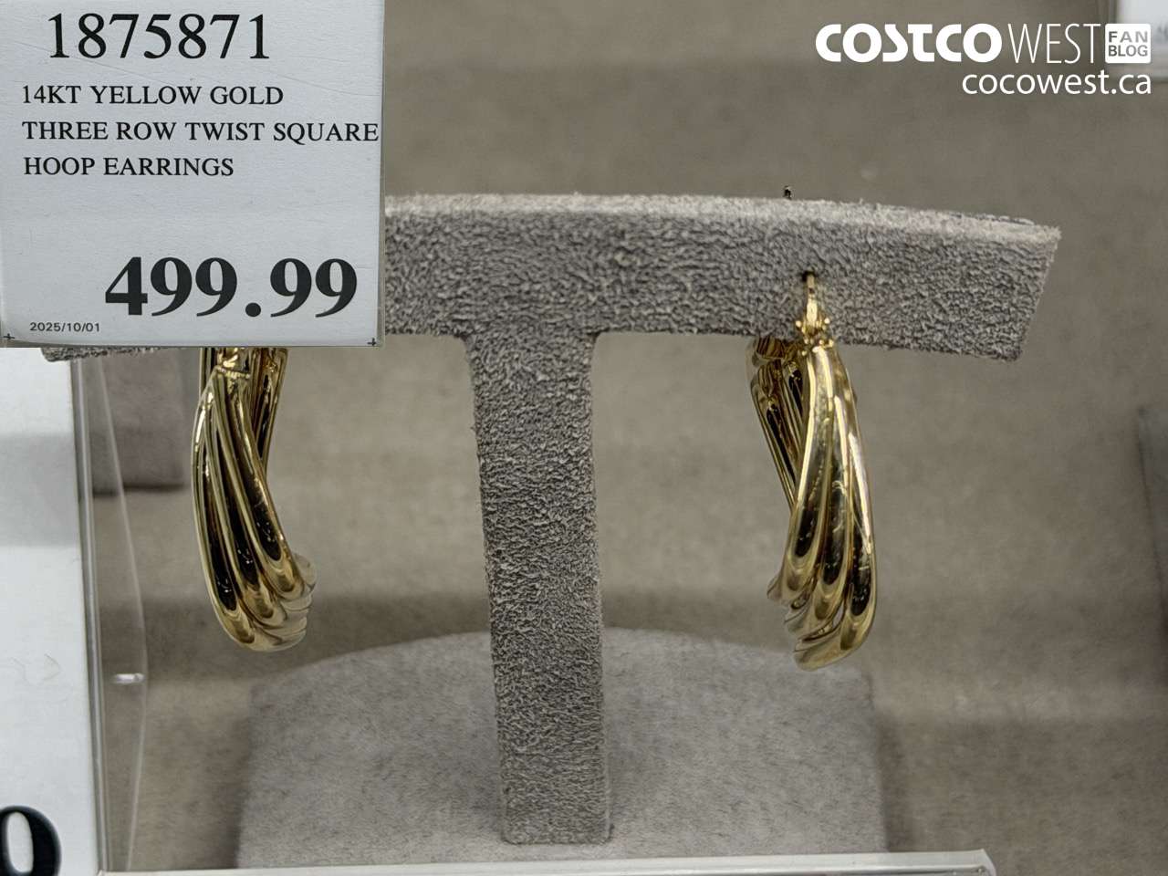 1875871 14KT YELLOW GOLD THREE ROW TWIST SQUARE HOOP EARRINGS $499.99