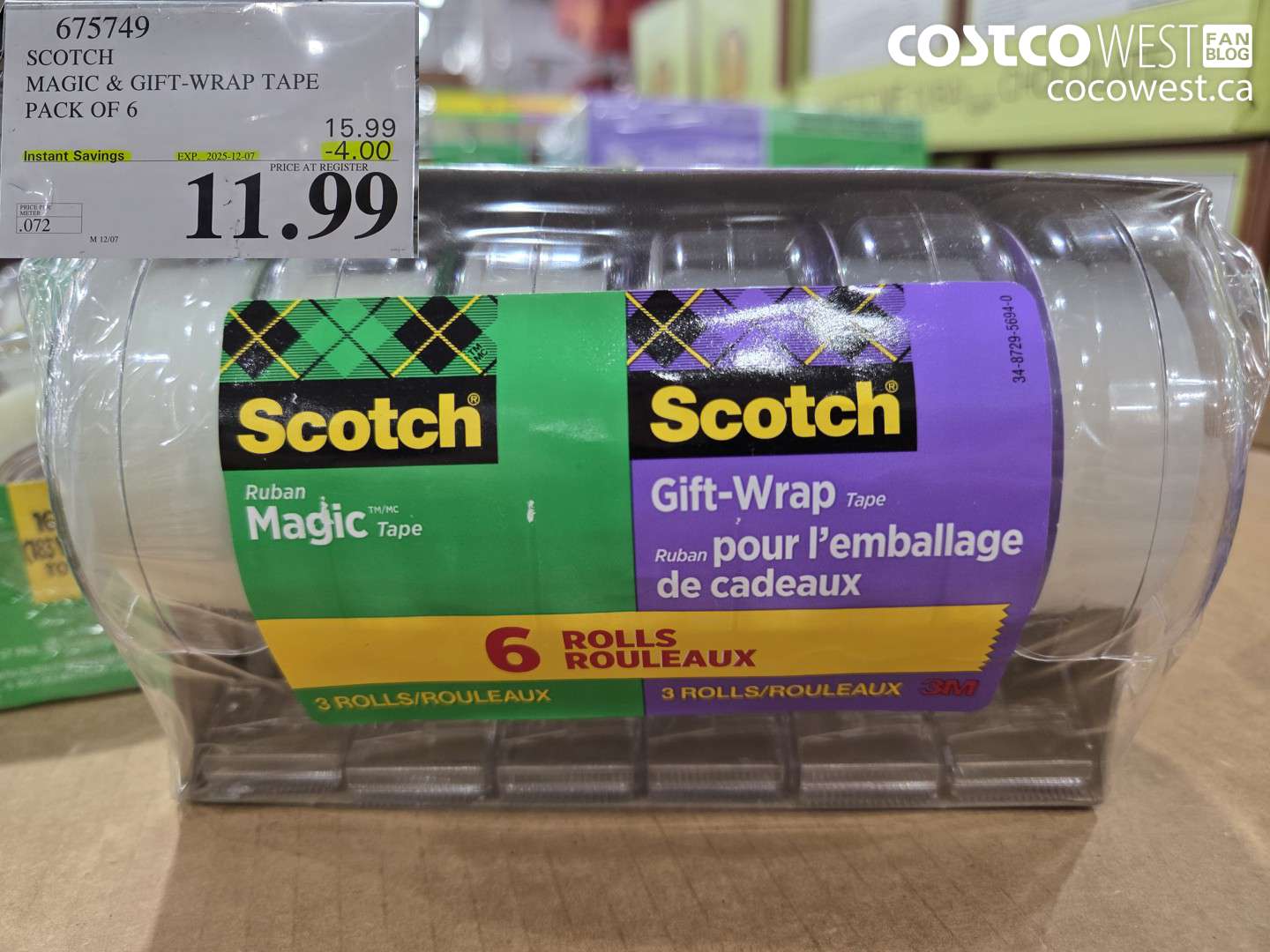 675749 3M SCOTCH MAGIC TAPE/GIFT WRAP TAPE 6PK ($4.00 INSTANT SAVINGS EXPIRES ON 2025-12-07) $11.99