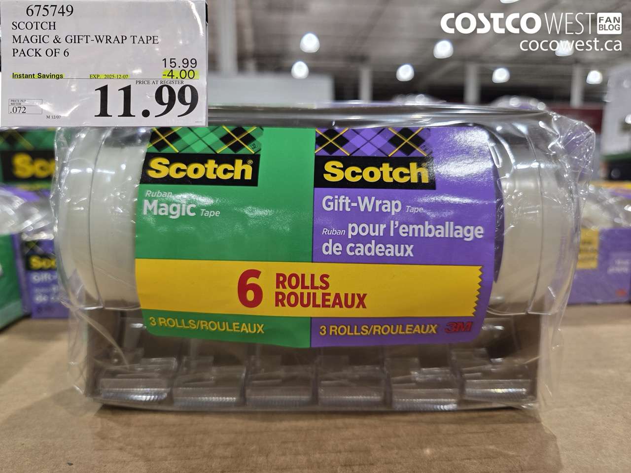 675749 3M SCOTCH MAGIC TAPE/GIFT WRAP TAPE 6PK ($4.00 INSTANT SAVINGS EXPIRES ON 2025-12-07) $11.99