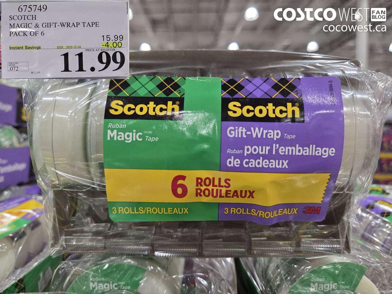 675749 3M SCOTCH MAGIC TAPE/GIFT WRAP TAPE 6PK ($4.00 INSTANT SAVINGS EXPIRES ON 2025-12-14) $11.99