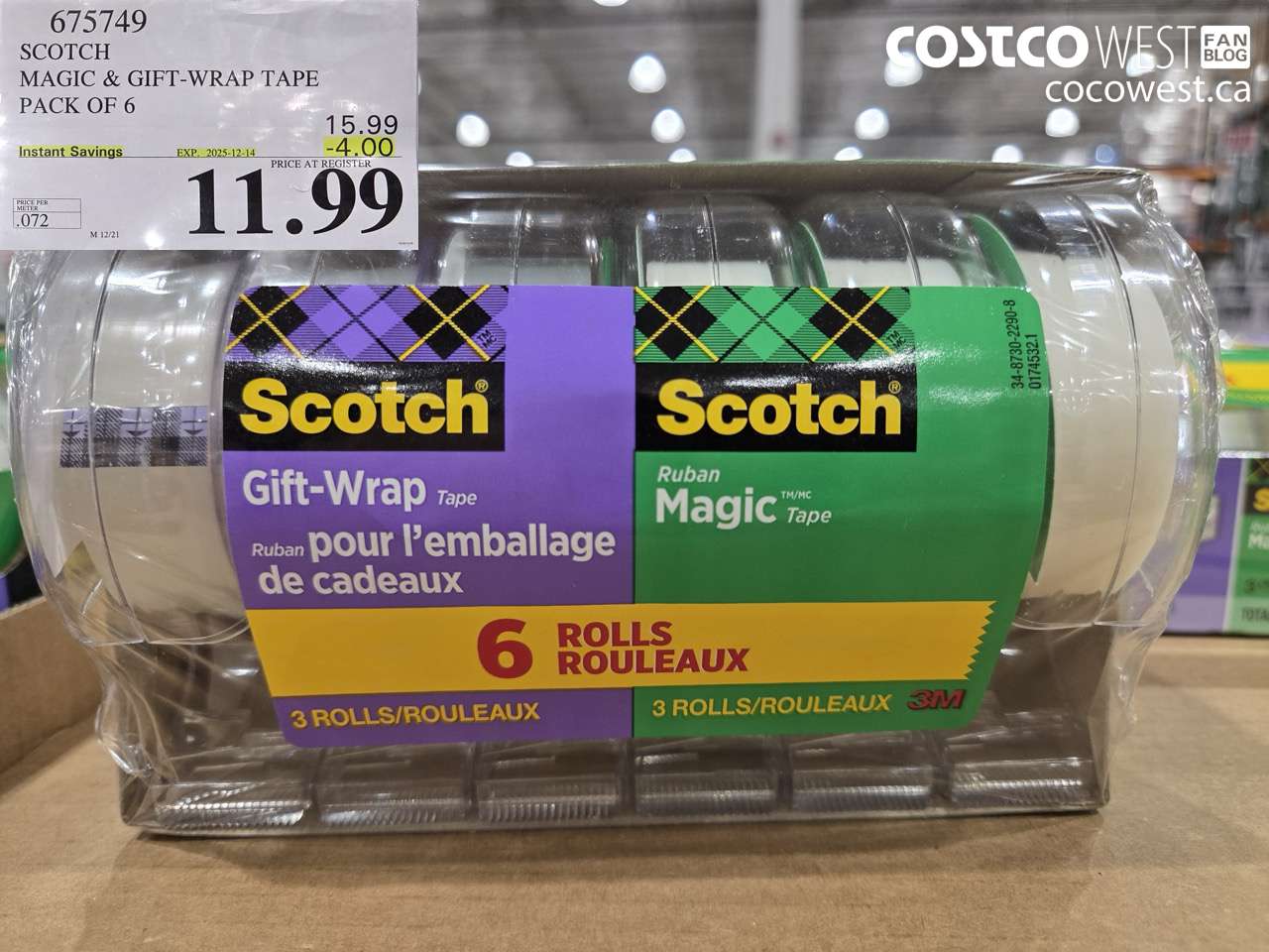 675749 3M SCOTCH MAGIC TAPE/GIFT WRAP TAPE 6PK ($4.00 INSTANT SAVINGS EXPIRES ON 2025-12-14) $11.99