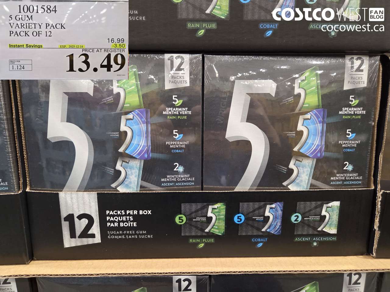 1001584 5 GUM VARIETY PACK 12 PACK ($3.50 INSTANT SAVINGS EXPIRES ON 2025-12-14) $13.49