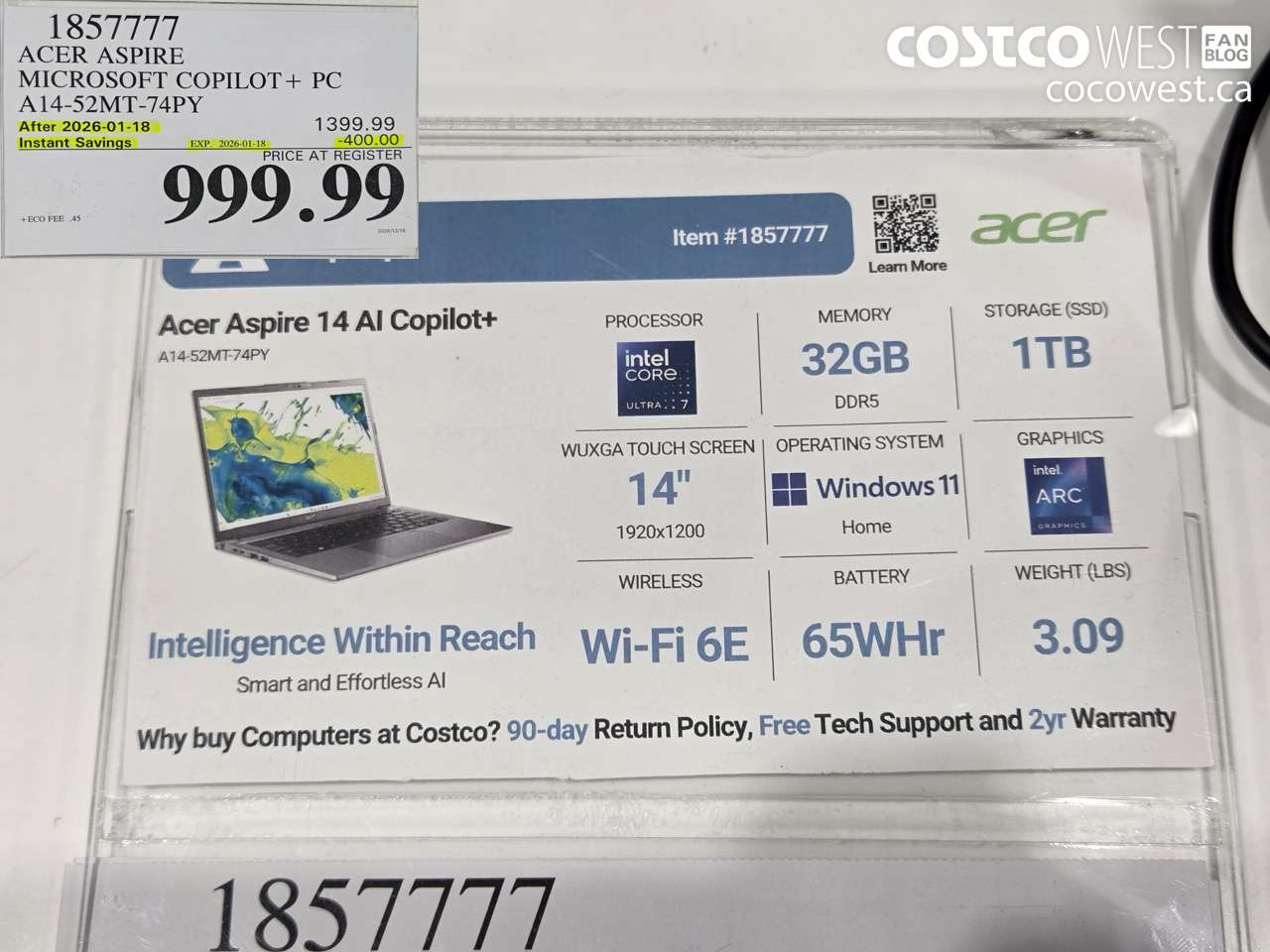 1857777 ACER ASPIRE MICROSOFT COPILOT+ PC A14-52MT-74PY ($400.00 INSTANT SAVINGS EXPIRES ON 2026-01-18) $999.99