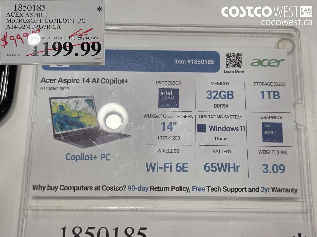 1850185 ACER ASPIRE MICROSOFT COPILOT+ PC A14-52MT-957R-CA $999.97