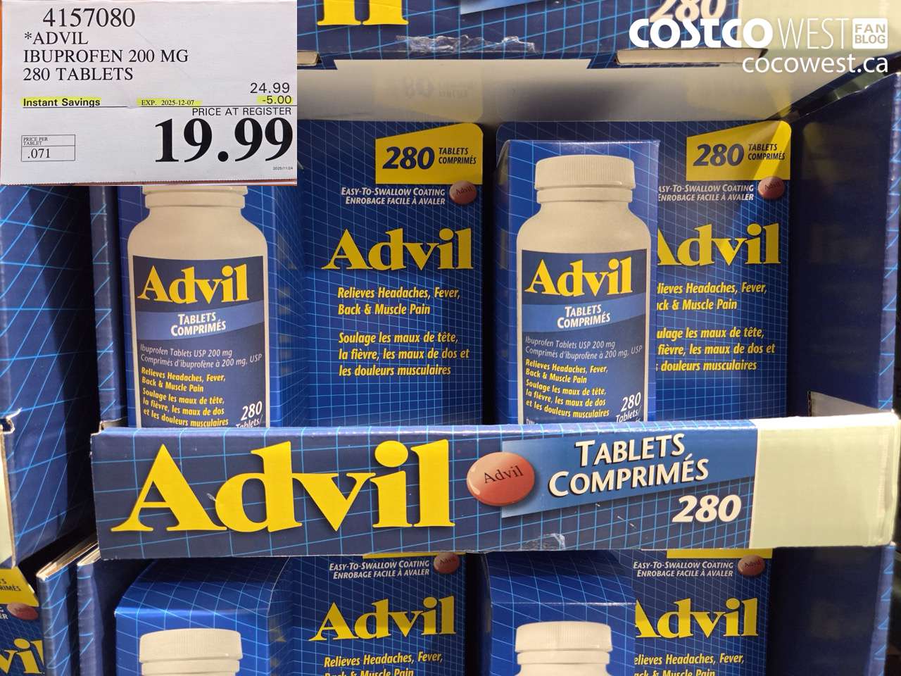 4157080 ADVIL 280 TABLETS IBUPROFEN 200MG ($5.00 INSTANT SAVINGS EXPIRES ON 2025-12-07) $19.99