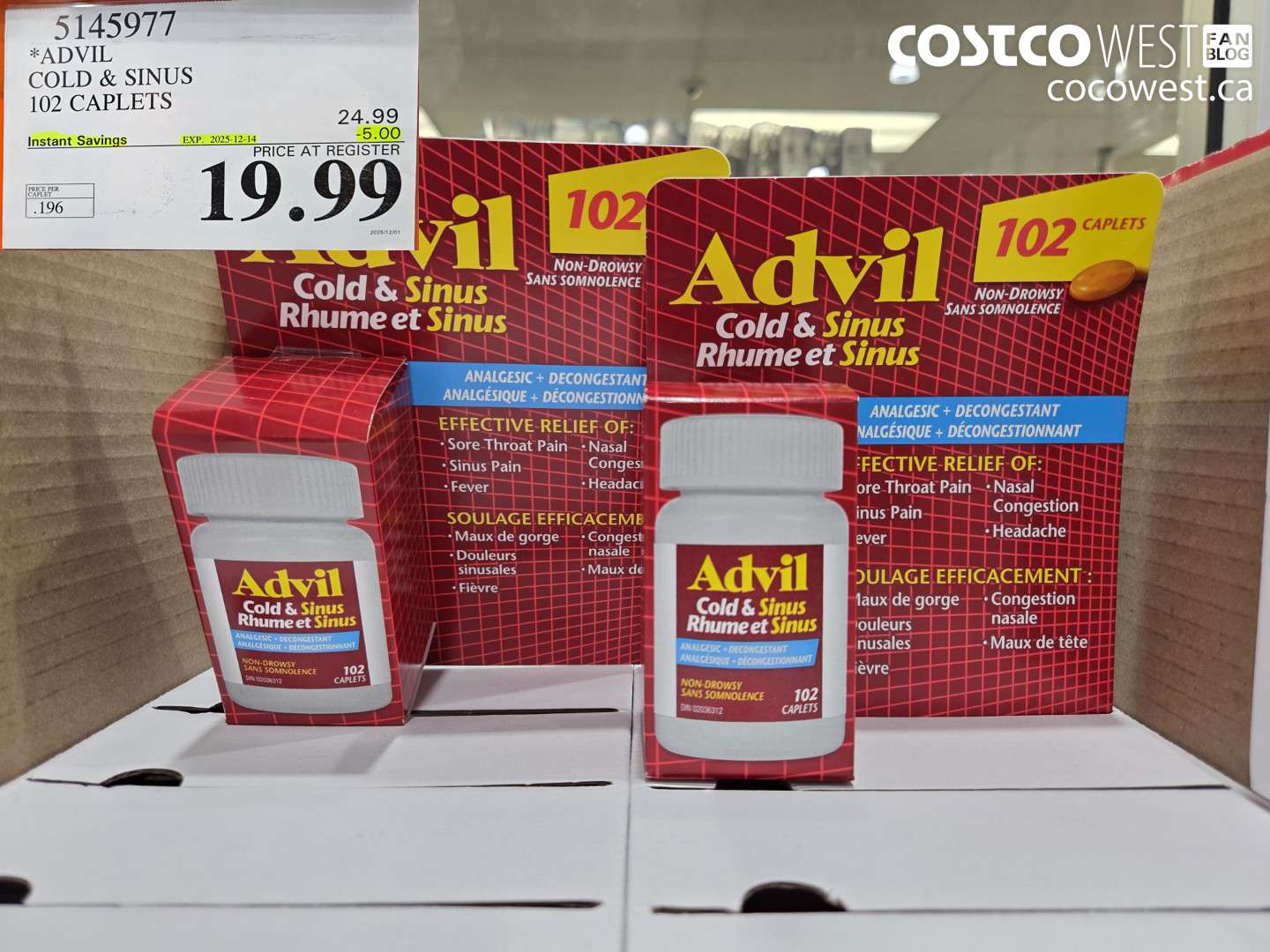 5145977 ADVIL COLD & SINUS 102 CAPLETS ($5.00 INSTANT SAVINGS EXPIRES ON 2025-12-14) $19.99