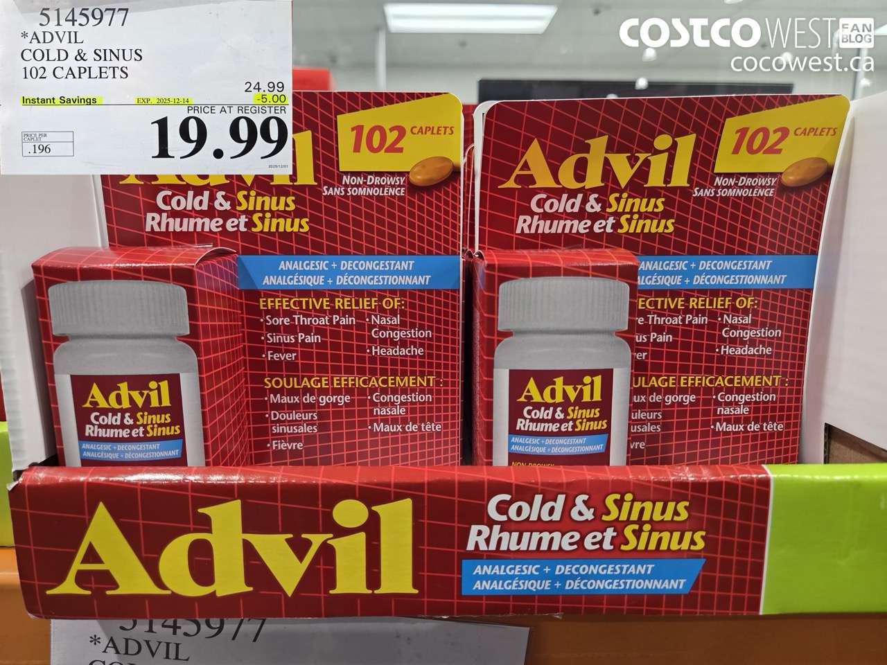 5145977 ADVIL COLD & SINUS 102 CAPLETS ($5.00 INSTANT SAVINGS EXPIRES ON 2025-12-14) $19.99