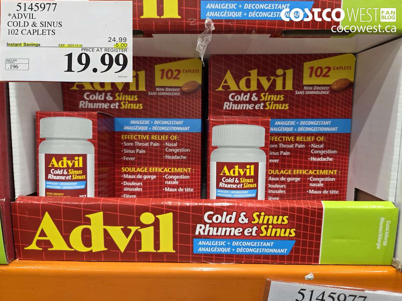 5145977 ADVIL COLD & SINUS 102 CAPLETS ($5.00 INSTANT SAVINGS EXPIRES ON 2025-12-14) $19.99