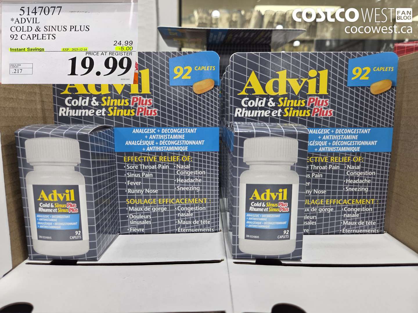 5147077 ADVIL COLD & SINUS PLUS 92 CAPLETS ($5.00 INSTANT SAVINGS EXPIRES ON 2025-12-14) $19.99