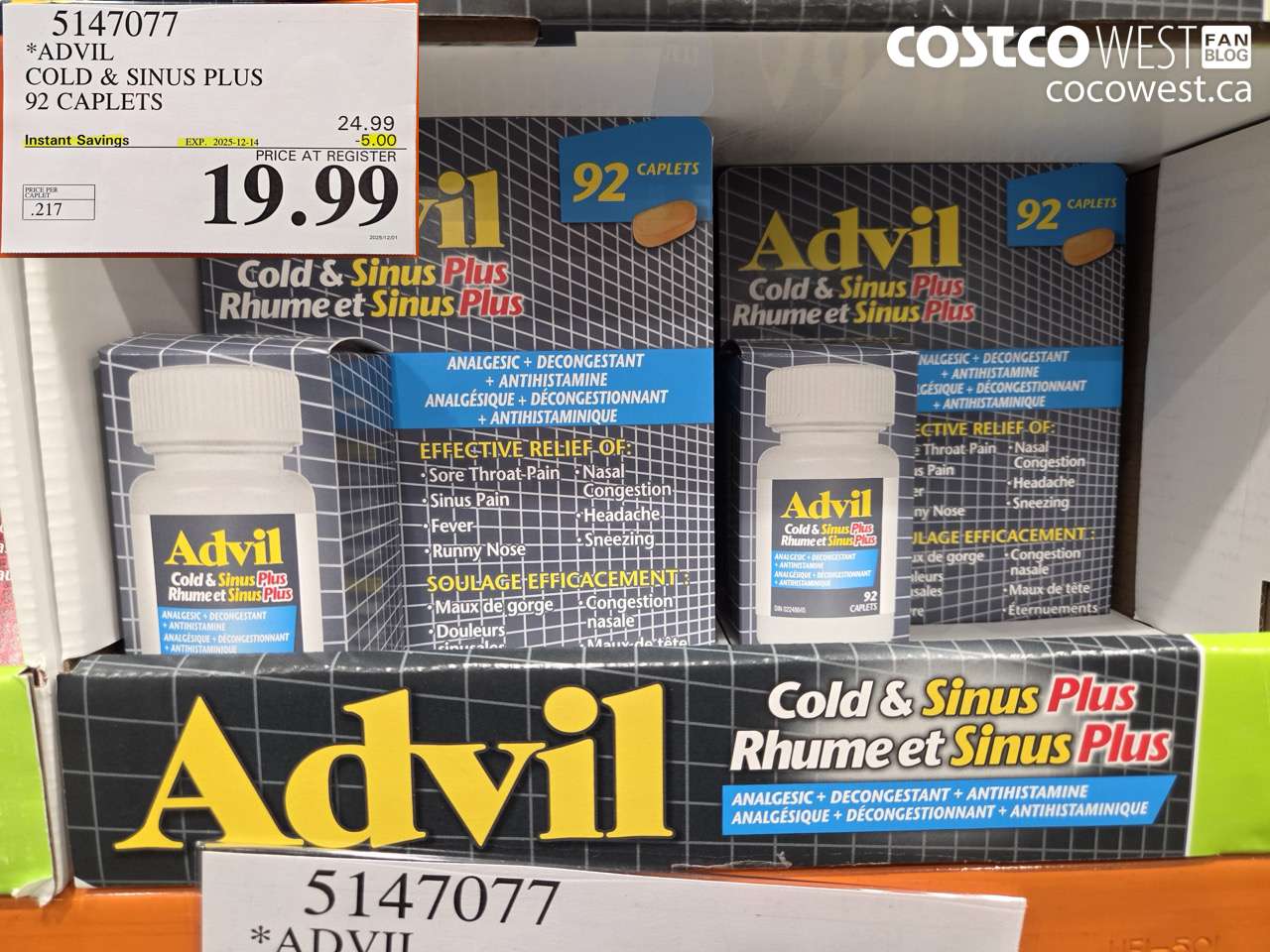 5147077 ADVIL COLD & SINUS PLUS 92 CAPLETS ($5.00 INSTANT SAVINGS EXPIRES ON 2025-12-14) $19.99