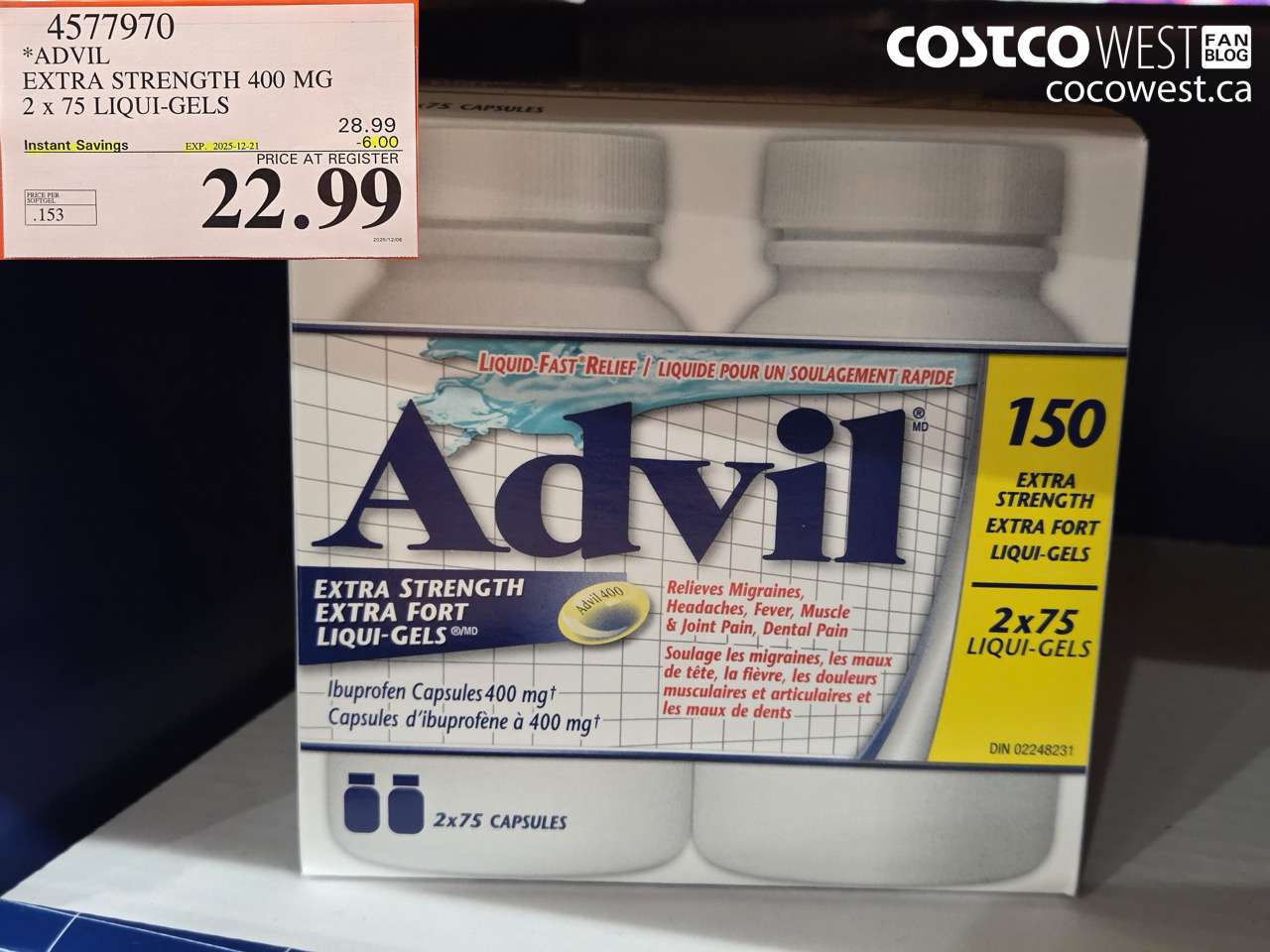 4577970 ADVIL EXTRA STRENGTH 400MG 2 X 75 LIQUI-GELS ($6.00 INSTANT SAVINGS EXPIRES ON 2025-12-21) $22.99