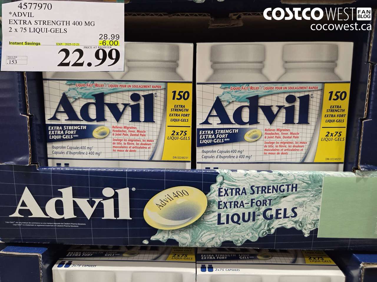4577970 ADVIL EXTRA STRENGTH 400MG 2 X 75 LIQUI-GELS ($6.00 INSTANT SAVINGS EXPIRES ON 2025-12-21) $22.99