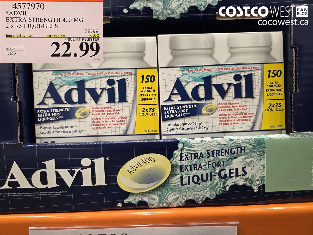 4577970 ADVIL EXTRA STRENGTH 400MG 2 X 75 LIQUI-GELS ($6.00 INSTANT SAVINGS EXPIRES ON 2025-12-21) $22.99