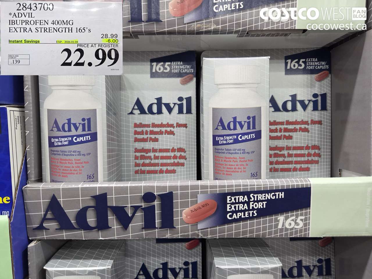 2843700 ADVIL IBUPROFEN 400MG EXTRA STRENGTH 165'S ($6.00 INSTANT SAVINGS EXPIRES ON 2026-01-04) $22.99