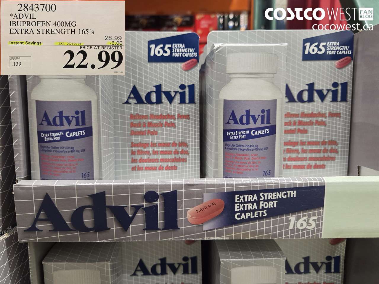 2843700 ADVIL IBUPROFEN 400MG EXTRA STRENGTH 165'S ($6.00 INSTANT SAVINGS EXPIRES ON 2026-01-04) $22.99