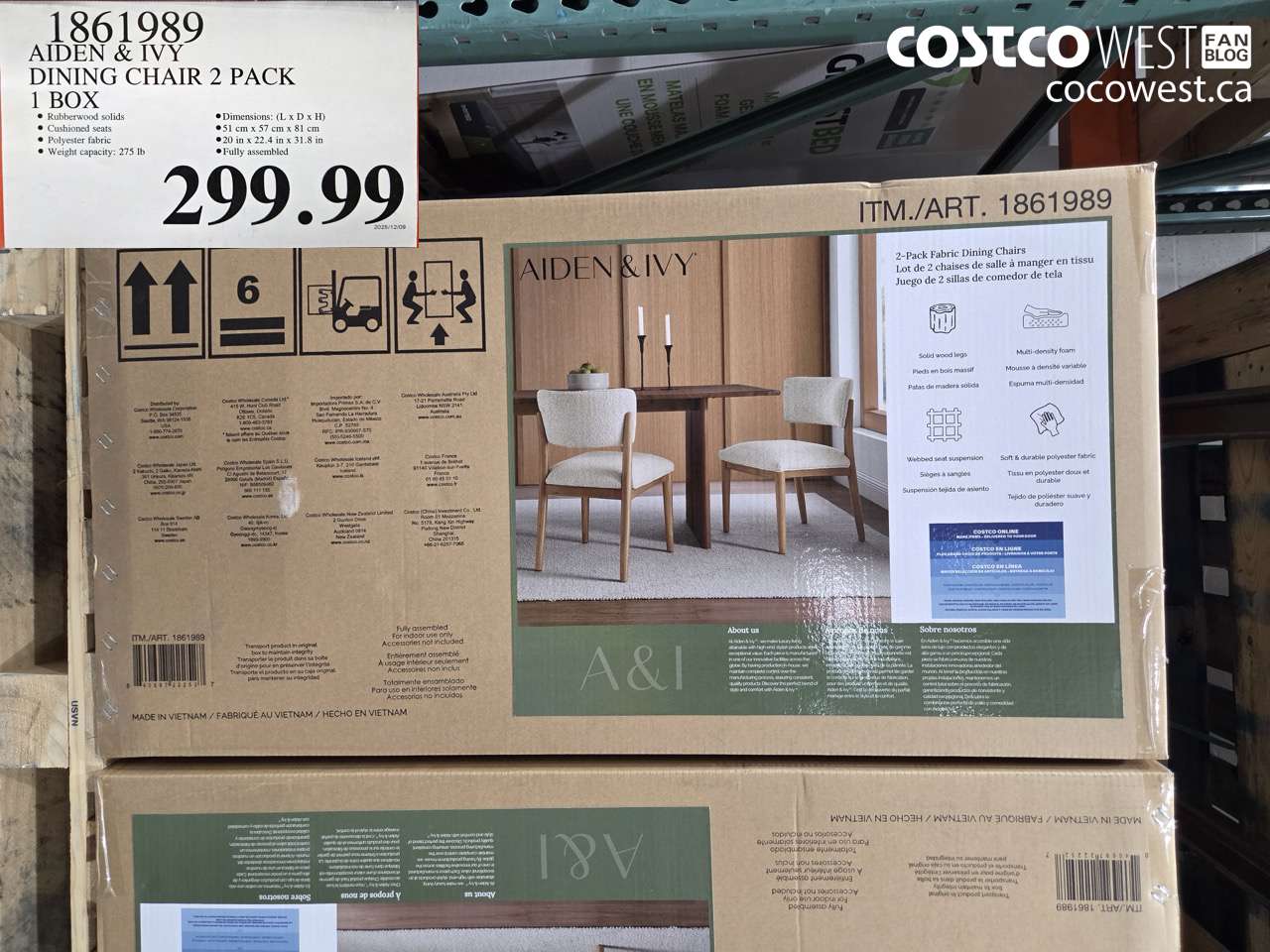 1861989 AIDEN & IVY DINING CHAIR 2 PACK 1 BOX $299.99