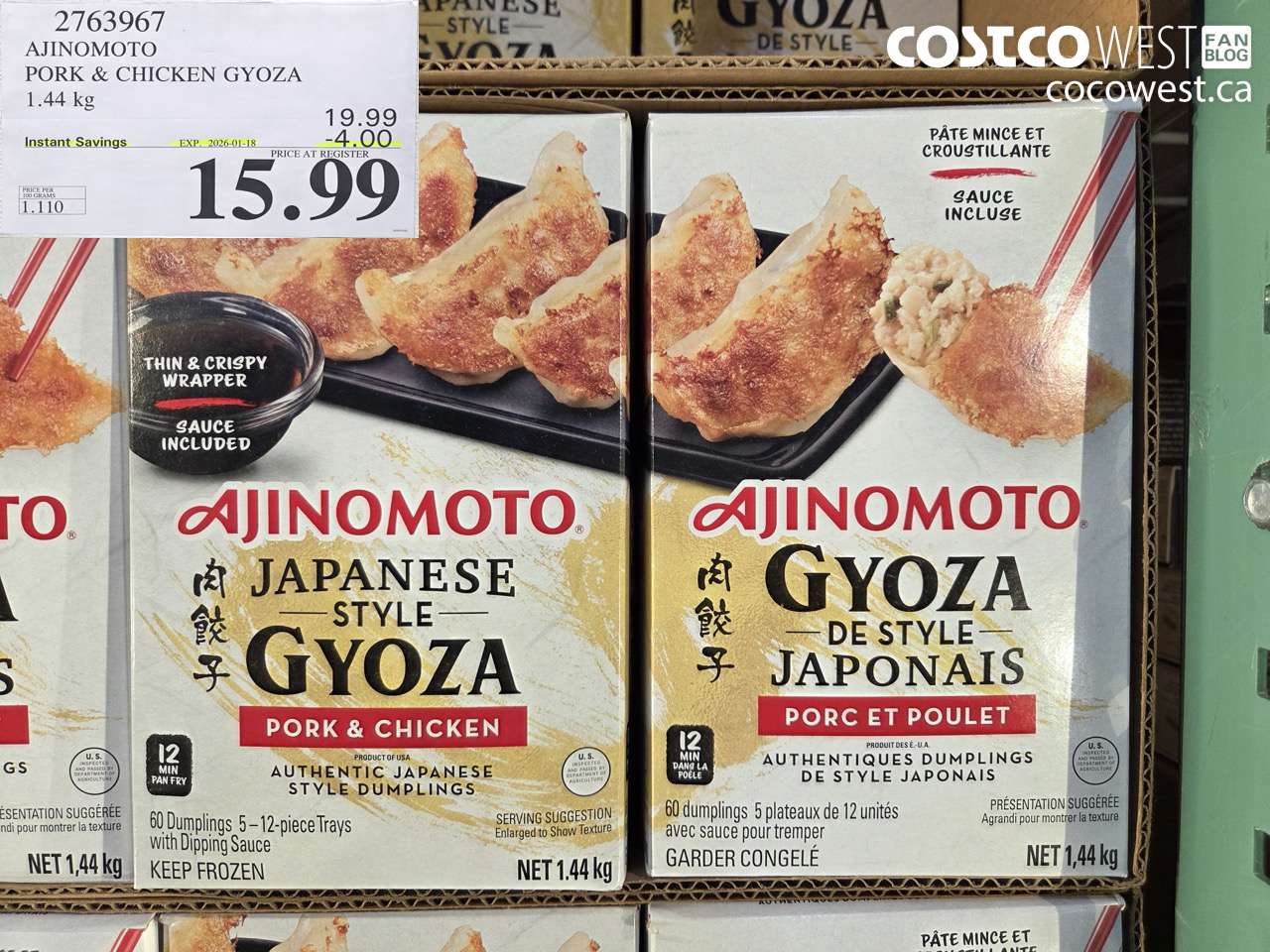 2763967 AJINOMOTO PORK & CHICKEN GYOZA 1.44 KG ($4.00 INSTANT SAVINGS EXPIRES ON 2026-01-18) $15.99