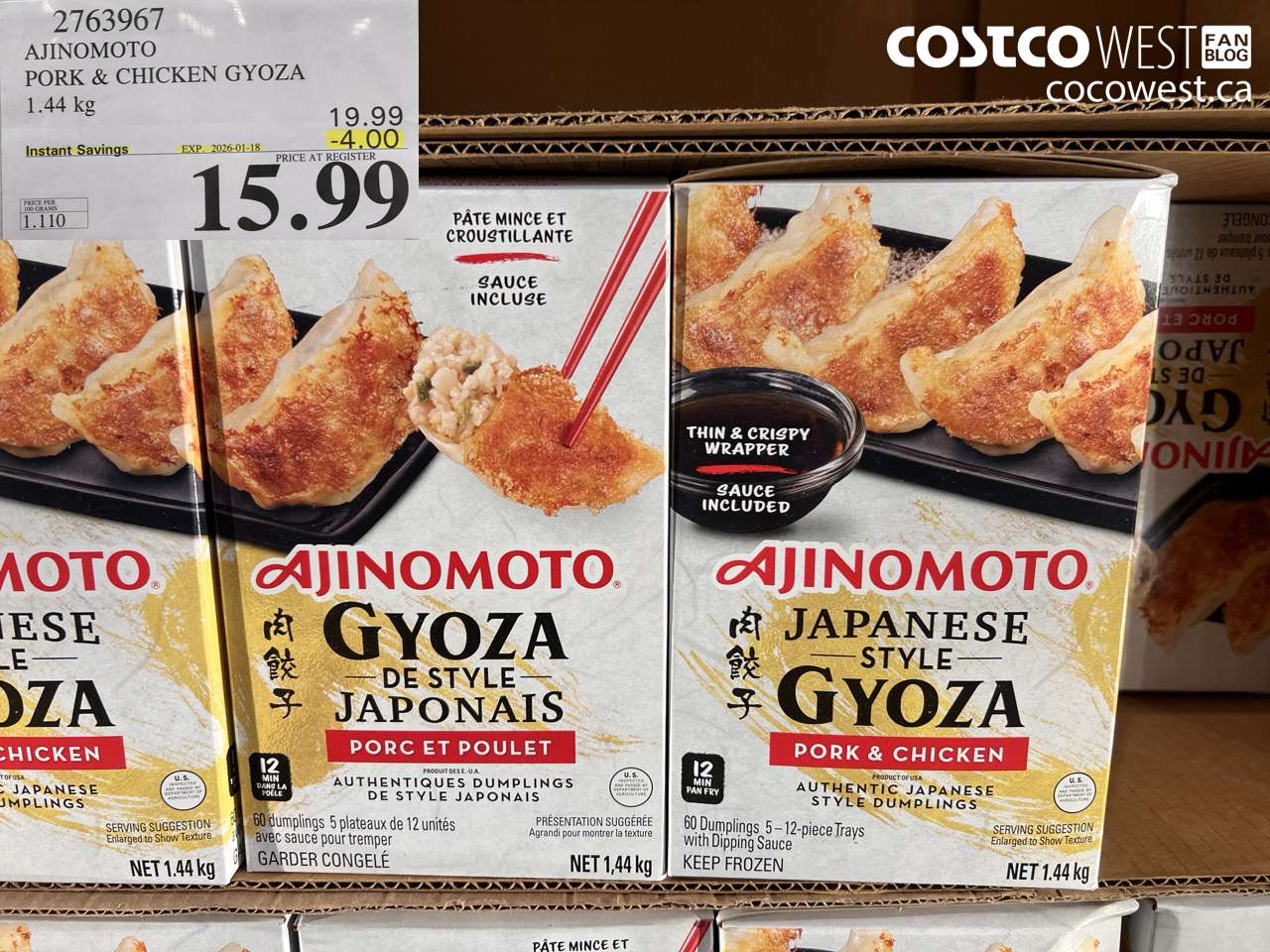 2763967 AJINOMOTO PORK & CHICKEN GYOZA 1.44 KG ($4.00 INSTANT SAVINGS EXPIRES ON 2026-01-18) $15.99