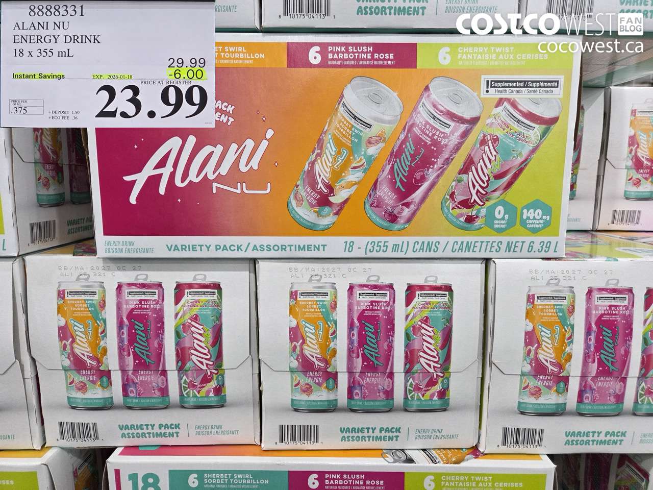 8888331 ALANI VARIETY V3 ENERGY DRINK 18 X 355ML ($6.00 INSTANT SAVINGS EXPIRES ON 2026-01-18) $23.99