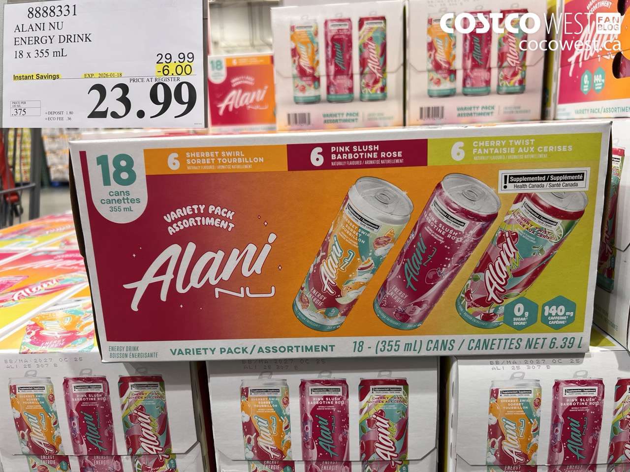 8888331 ALANI VARIETY V3 ENERGY DRINK 18 X 355ML ($6.00 INSTANT SAVINGS EXPIRES ON 2026-01-18) $23.99