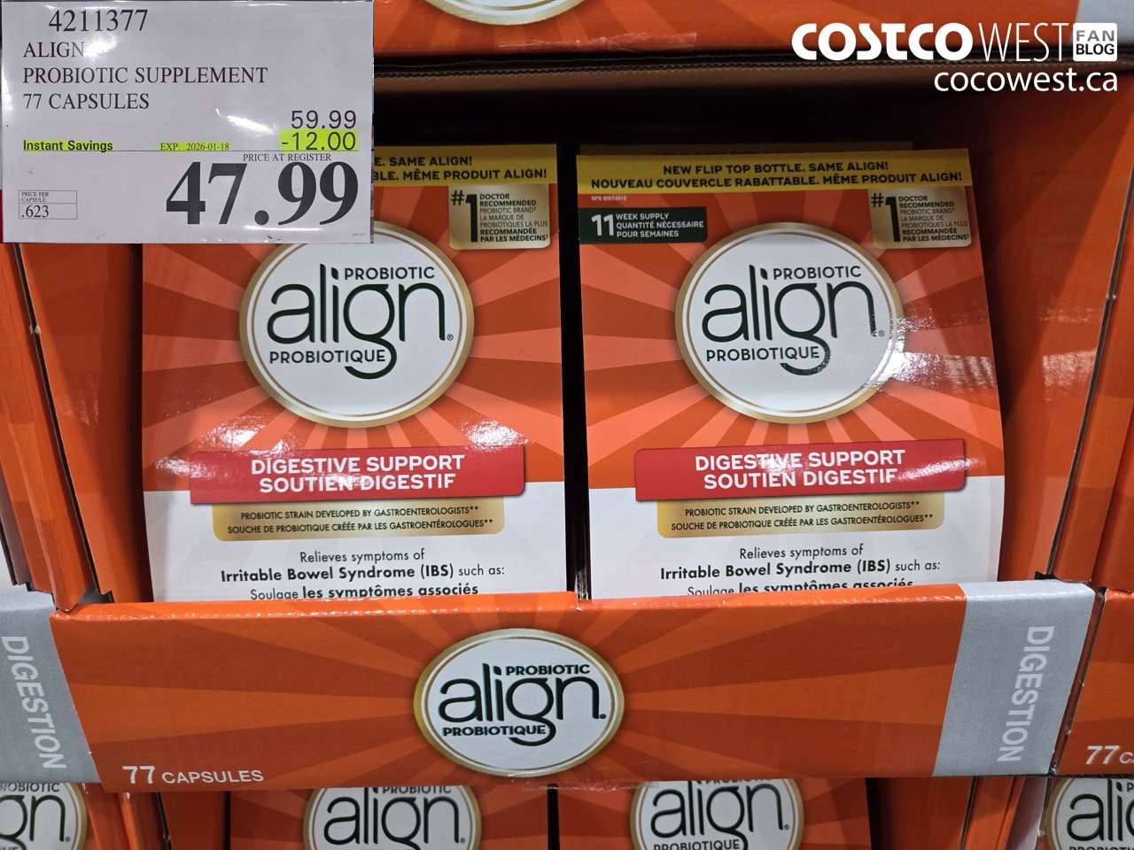 4211377 ALIGN PROBIOTIC SUPPLEMENT 77 CAPSULES ($12.00 INSTANT SAVINGS EXPIRES ON 2026-01-18) $47.99