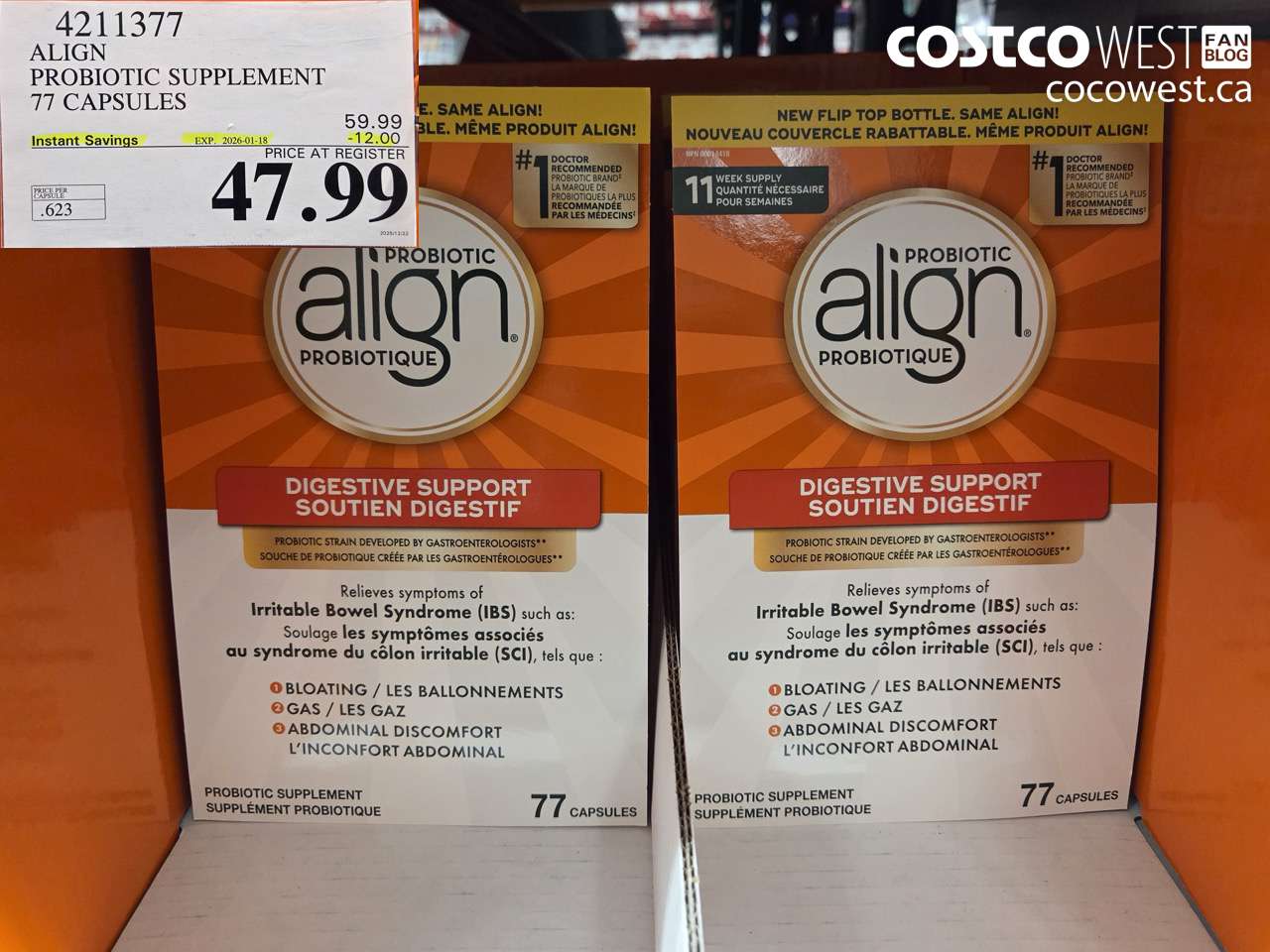 4211377 ALIGN PROBIOTIC SUPPLEMENT 77 CAPSULES ($12.00 INSTANT SAVINGS EXPIRES ON 2026-01-18) $47.99