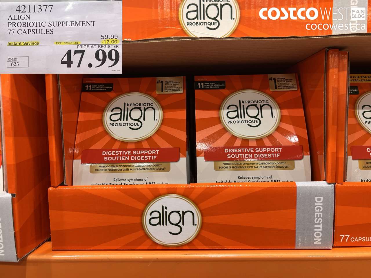 4211377 ALIGN PROBIOTIC SUPPLEMENT 77 CAPSULES ($12.00 INSTANT SAVINGS EXPIRES ON 2026-01-18) $47.99