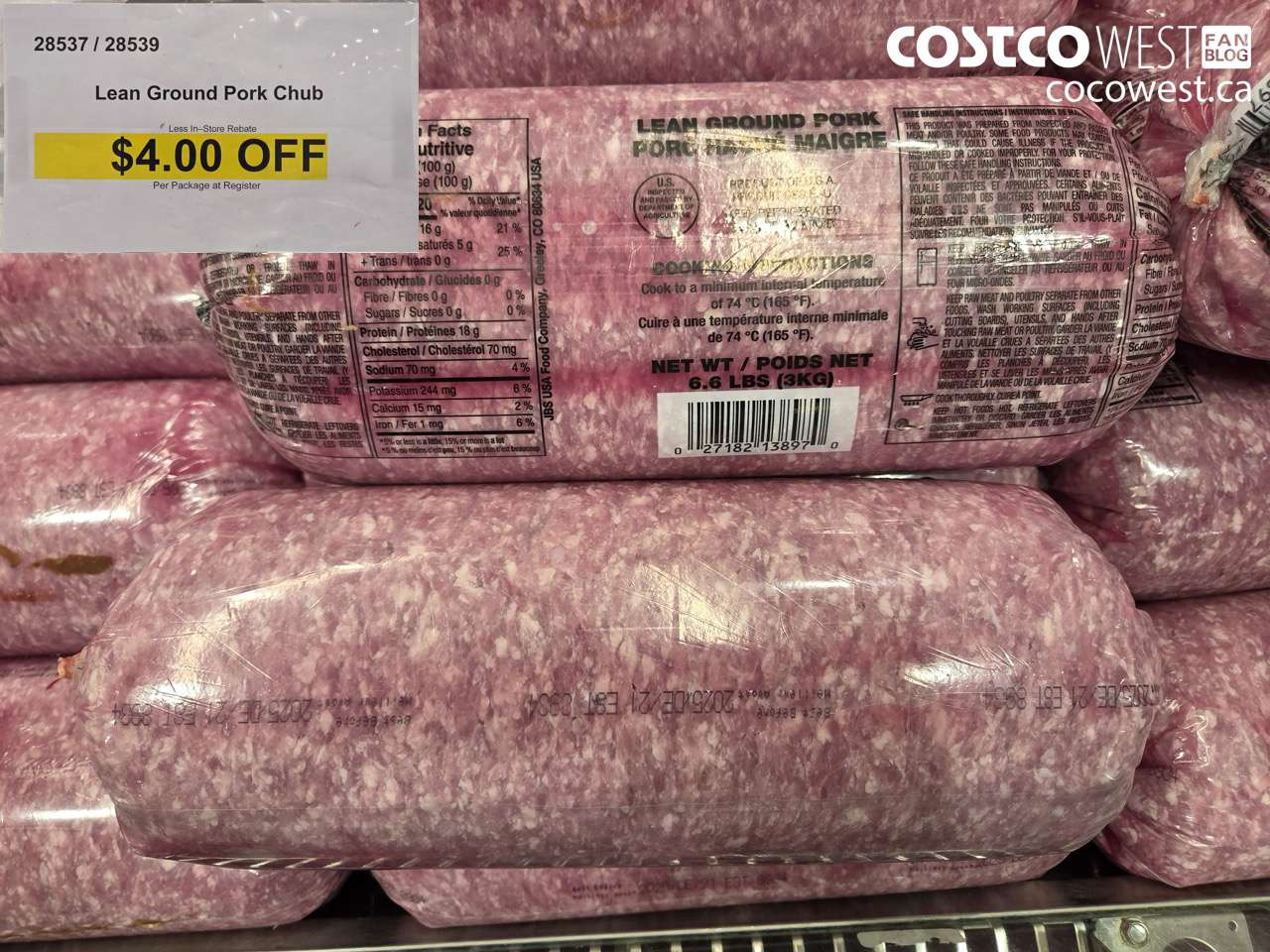28537 (ALSO 28539) LEAN GROUND PORK CHUB ($4.00 INSTANT SAVINGS)