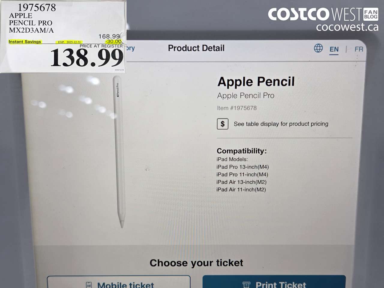 1975678 APPLE PENCIL PRO MX2D3AM/A ($30.00 INSTANT SAVINGS EXPIRES ON 2025-12-31) $138.99