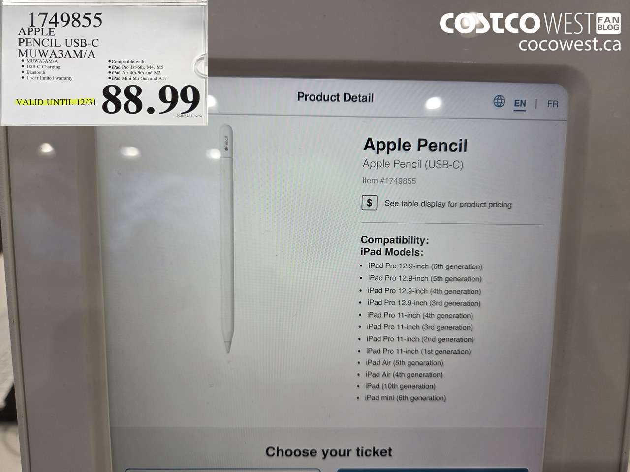 1749855 APPLE PENCIL USB-C MUWA3AM/A (EXPIRES ON 2025-12-31) $88.99