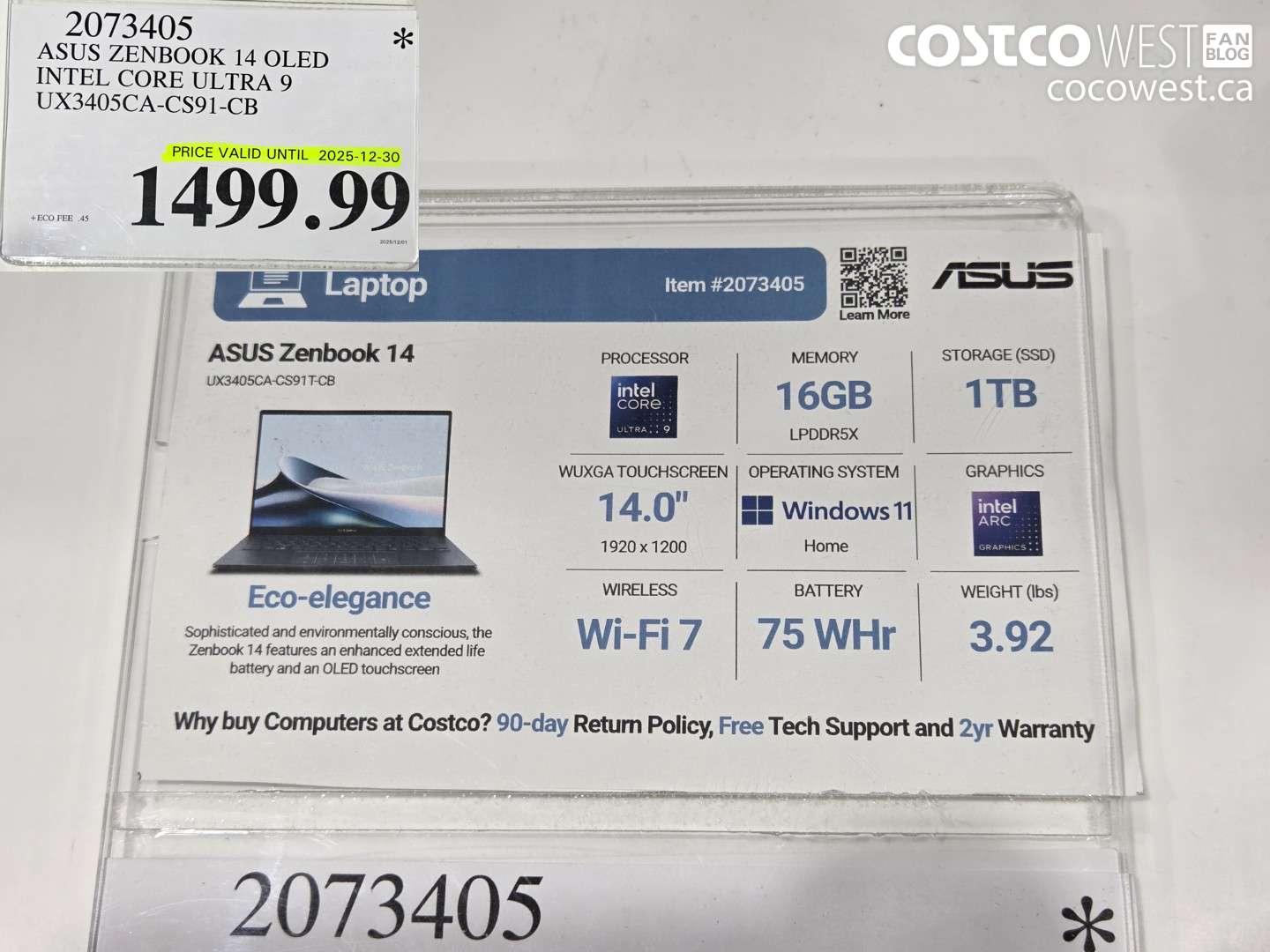 2073405 ASUS ZENBOOK 14 OLED INTEL CORE ULTRA 9 UX3405CA-CS91-CB (EXPIRES ON 2025-12-30) $1499.99