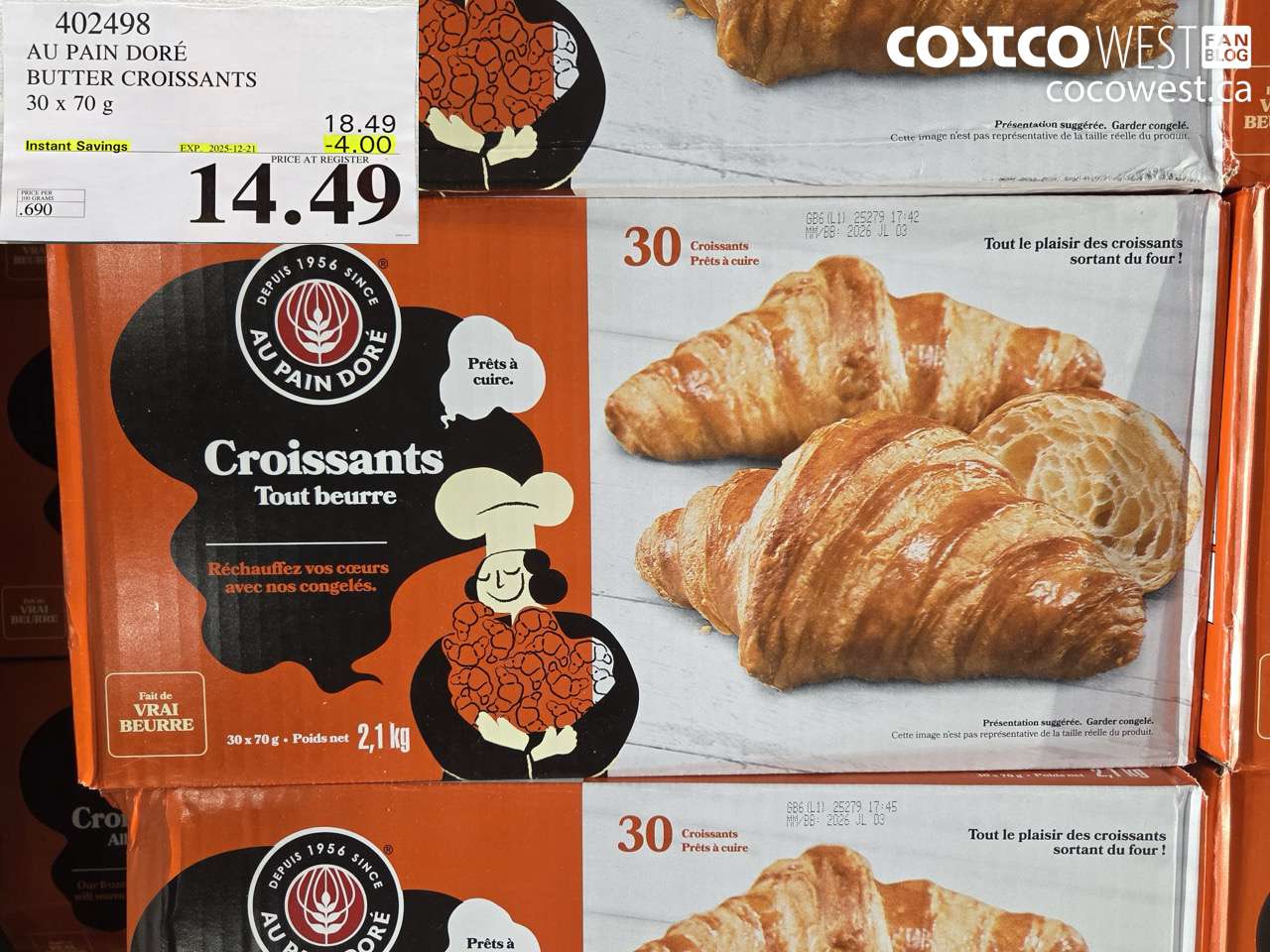402498 AU PAIN DORE BUTTER CROISSANTS 30 X 70 G ($4.00 INSTANT SAVINGS EXPIRES ON 2025-12-21) $14.49