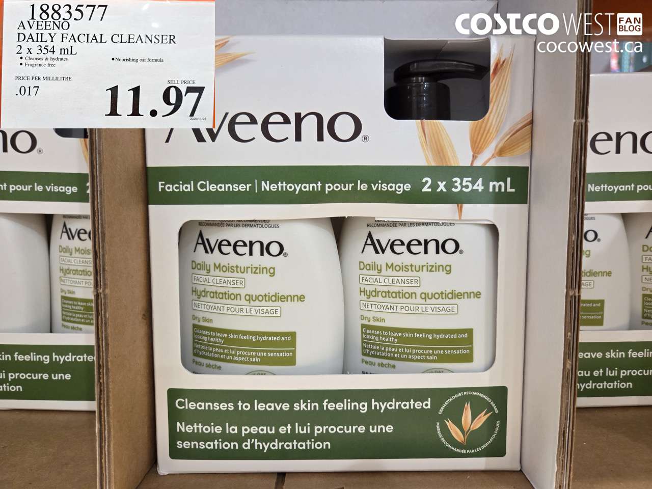 1883577 AVEENO DAILY FACIAL CLEANSER 2 x 354 mL $11.97