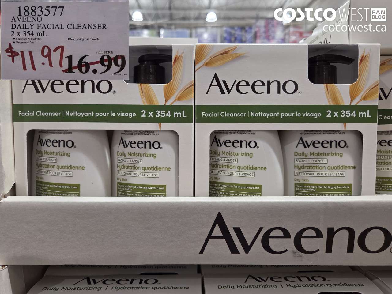 1883577 AVEENO DAILY FACIAL CLEANSER 2 x 354 mL $11.97