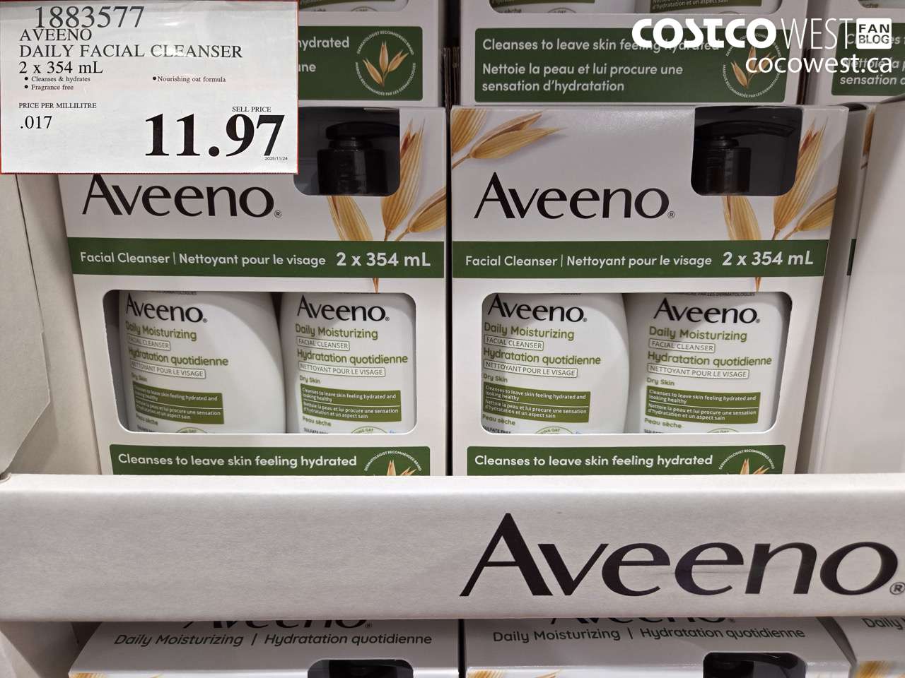 1883577 AVEENO DAILY FACIAL CLEANSER 2 x 354 mL $11.97