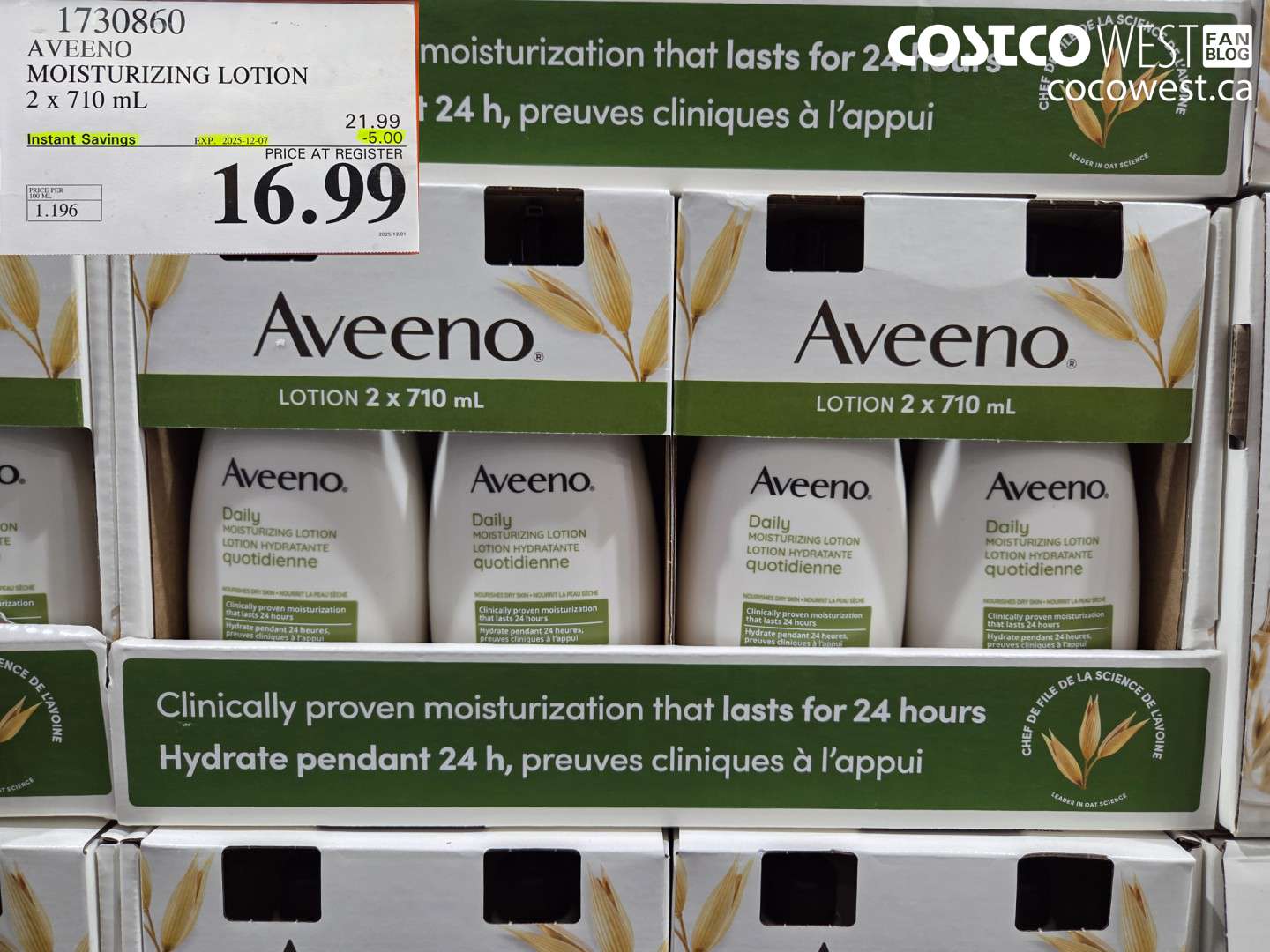 1730860 AVEENO MOISTURIZING LOTION 2 X 710ML ($5.00 INSTANT SAVINGS EXPIRES ON 2025-12-07) $16.99