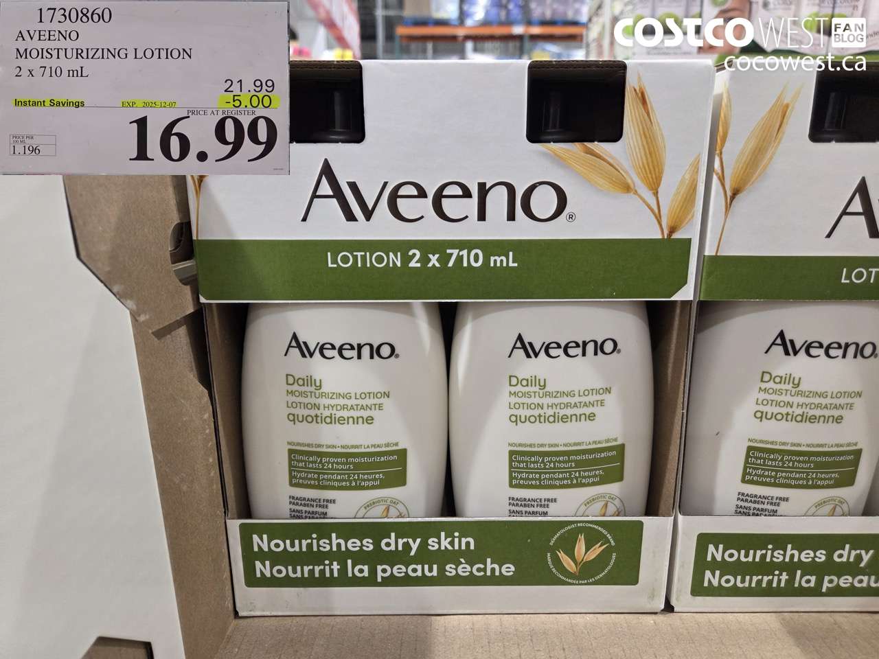 1730860 AVEENO MOISTURIZING LOTION 2 X 710ML ($5.00 INSTANT SAVINGS EXPIRES ON 2025-12-07) $16.99