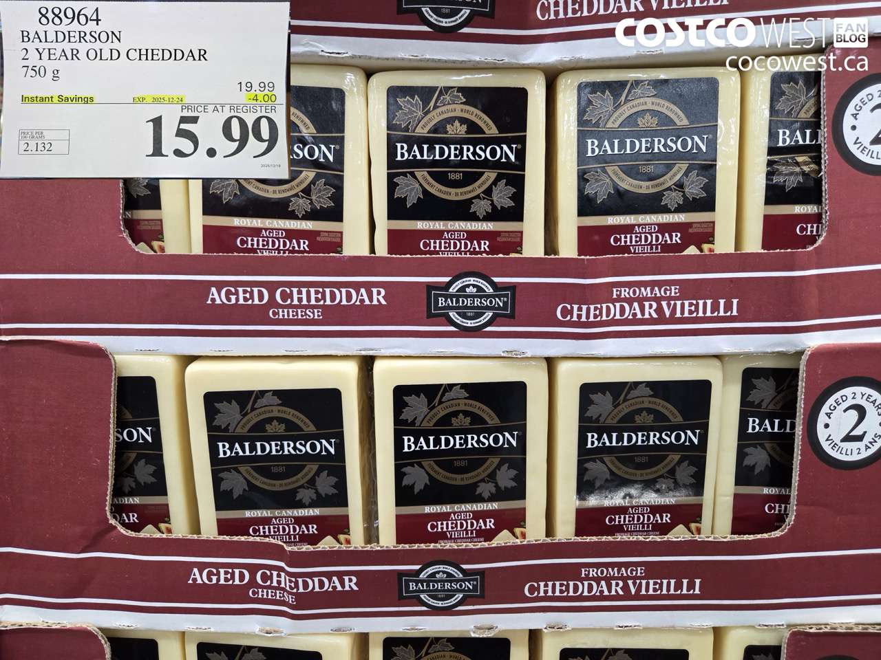 88964 BALDERSON 2 YEAR OLD CHEDDAR 750 g ($4.00 INSTANT SAVINGS EXPIRES ON 2025-12-24) $15.99